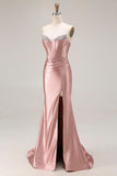 Dusty Rose Mermaid Axelbandslös pärlstav Korsett Satin Lång Balklänning med slits