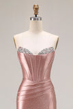 Dusty Rose Mermaid Axelbandslös pärlstav Korsett Satin Lång Balklänning med slits