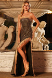 Glittrande svart guldslida axelbandslös paljettprydd lång balklänning med slits