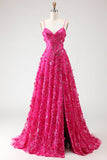 Fuchsia A-linje paljetter genomskinlig korsett 3D-blommor lång balklänning med slits
