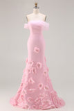 Rosa 3D-blommor med axellösa sjöjungfrubalklänning