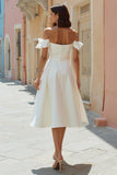 Off the Shoulder Vit En linje Satin Midi Bröllopsklänning