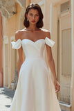 Off the Shoulder Vit En linje Satin Midi Bröllopsklänning