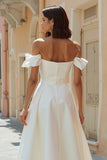 Off the Shoulder Vit En linje Satin Midi Bröllopsklänning