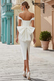 Vit Satin Bodycon Off The Shoulder Lång Bröllopsklänning Med Rosett
