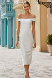 Vit Satin Bodycon Off The Shoulder Lång Bröllopsklänning Med Rosett