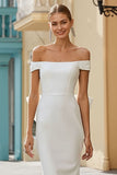 Vit Satin Bodycon Off The Shoulder Lång Bröllopsklänning Med Rosett