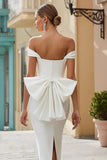 Vit Satin Bodycon Off The Shoulder Lång Bröllopsklänning Med Rosett