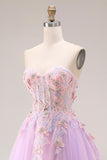 Sweetheart Lilac Tyll A-Line applikationsklädd lång balklänning med slits