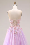 Sweetheart Lilac Tyll A-Line applikationsklädd lång balklänning med slits