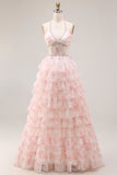Halter A-linje Candy Pink Korsett, blommig, volang lång balklänning med pärlor och pärlor.