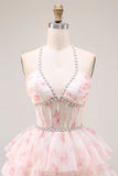 Halter A-linje Candy Pink Korsett, blommig, volang lång balklänning med pärlor och pärlor.