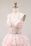 Halter A-linje Candy Pink Korsett, blommig, volang lång balklänning med pärlor och pärlor.