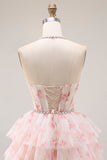 Halter A-linje Candy Pink Korsett, blommig, volang lång balklänning med pärlor och pärlor.