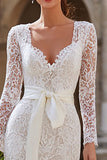 Ivory Lace Bodycon Långärmad Midi Förlovningsklänning med Skärp