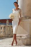 Ivory Bodycon 3/4 ärm Appliqued Midi Förlovningsklänning