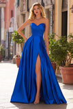 Royal Blue A-linje Plisserad Älskling Satin Lång Balklänning med slits