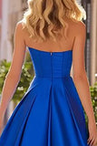 Royal Blue A-linje Plisserad Älskling Satin Lång Balklänning med slits