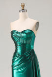 Metallisk mörkgrön sjöjungfru axelbandslös plisserad korsett lång balklänning med slits