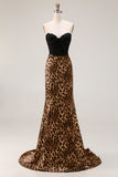 Brun Leopard Sjöjungfru Sweetheart Lace Appenlique Lång Balklänning med Rosett