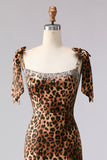 Brun Leopard Sjöjungfru med Pärlband och Lång Balklänning med Slits