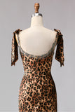 Brun Leopard Sjöjungfru med Pärlband och Lång Balklänning med Slits