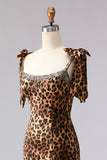 Brun Leopard Sjöjungfru med Pärlband och Lång Balklänning med Slits