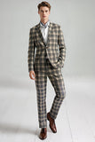 Brun Grå 2 Delad Notched Lapel Grid Mäns Baldräkter med fickor