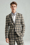 Brun Grå 2 Delad Notched Lapel Grid Mäns Baldräkter med fickor
