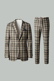 Brun Grå 2 Delad Notched Lapel Grid Mäns Baldräkter med fickor