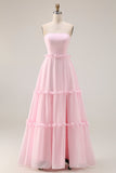 Blushing Pink A Line axelbandslös chiffon lång brudtärneklänning med slits