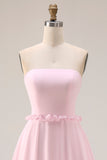 Blushing Pink A Line axelbandslös chiffon lång brudtärneklänning med slits