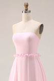 Blushing Pink A Line axelbandslös chiffon lång brudtärneklänning med slits