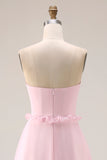 Blushing Pink A Line axelbandslös chiffon lång brudtärneklänning med slits