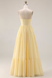 Lemon Sorbet Chiffon axelbandslös A-linje korsett lång brudtärneklänning med slits
