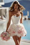 Ivory Satin Sweetheart Bodycon kort brudklänning med 3D-blommor