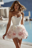 Ivory Satin Sweetheart Bodycon kort brudklänning med 3D-blommor