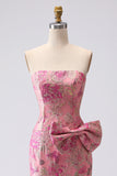 Fuchsia sjöjungfru rosett axelbandslös jacquard lång balklänning med slits