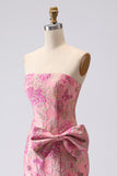 Fuchsia sjöjungfru rosett axelbandslös jacquard lång balklänning med slits
