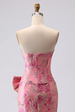 Fuchsia sjöjungfru rosett axelbandslös jacquard lång balklänning med slits