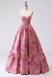 Fuchsia Jacquard A Line Korsett axelbandslös lång balklänning