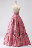 Fuchsia Jacquard A Line Korsett axelbandslös lång balklänning
