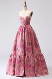 Fuchsia Jacquard A Line Korsett axelbandslös lång balklänning