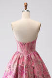 Fuchsia Jacquard A Line Korsett axelbandslös lång balklänning