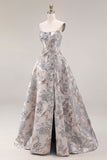 Silver Jacquard axelbandslös korsett Lång balklänning med slits
