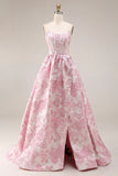 Rosa blommig axelbandslös korsett Jacquard Brocade A-linje lång balklänning med slits