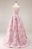 Rosa blommig axelbandslös korsett Jacquard Brocade A-linje lång balklänning med slits