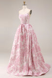 Rosa blommig axelbandslös korsett Jacquard Brocade A-linje lång balklänning med slits