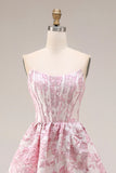 Rosa blommig axelbandslös korsett Jacquard Brocade A-linje lång balklänning med slits