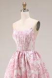 Rosa blommig axelbandslös korsett Jacquard Brocade A-linje lång balklänning med slits